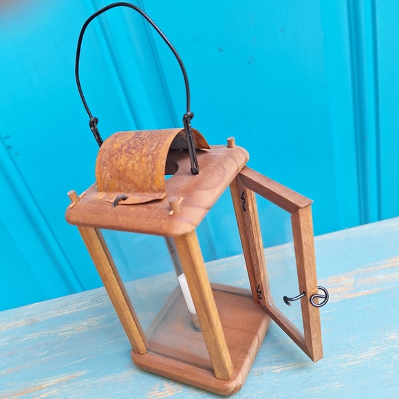 Lantern Wooden Primitive Handmade Hanging Candle Holder with Metal Small Little - Picture 3 of 17